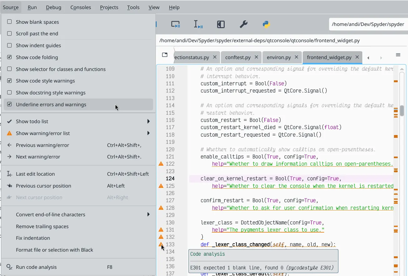 Take advantage of real-time hints and help to improve your code Spyder Editor pane, with several real-time code analysis warnings shown on different lines and the affected code underlined. A hovered-over warning is showing its associated message, while the Source menu is open to the left showing the "Underline errors and warnings" option enabled