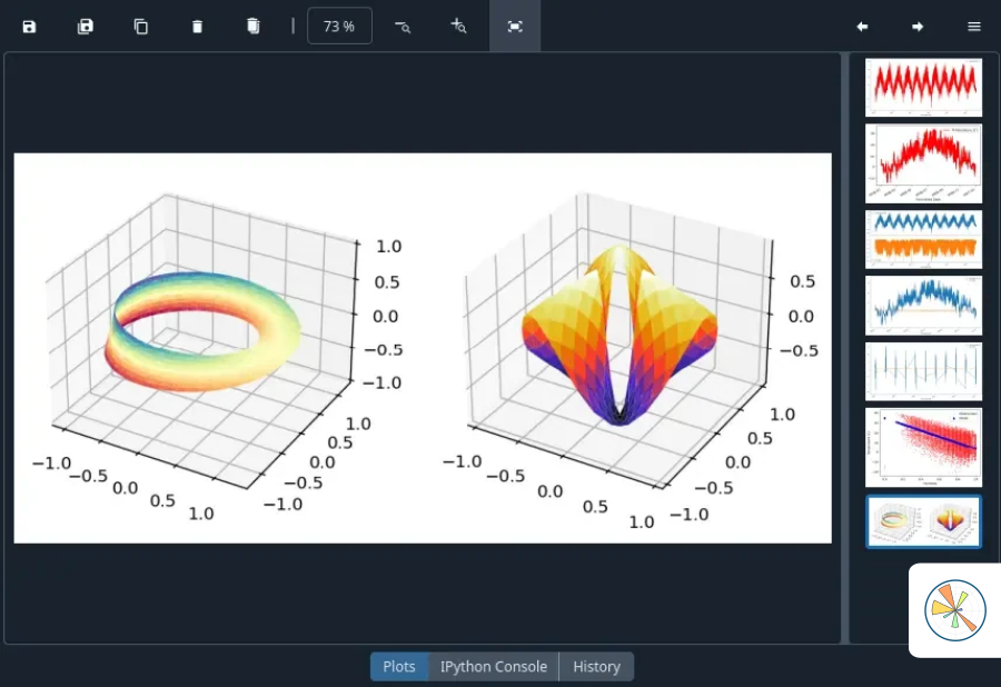 Browse all your plots in a single place Spyder plots pane displaying a 3D visualization in the main panel, with options above for saving, zooming or removing it, and a right panel with thumbnails of other previous plots